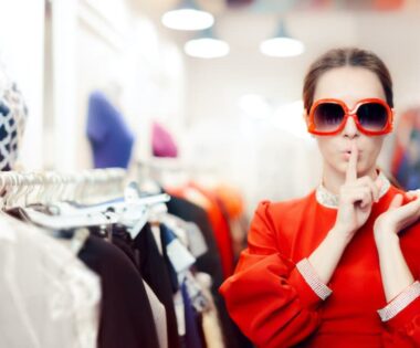A woman in a vibrant red dress, wearing sunglasses, holding hangers with clothes, in a clothes shop.