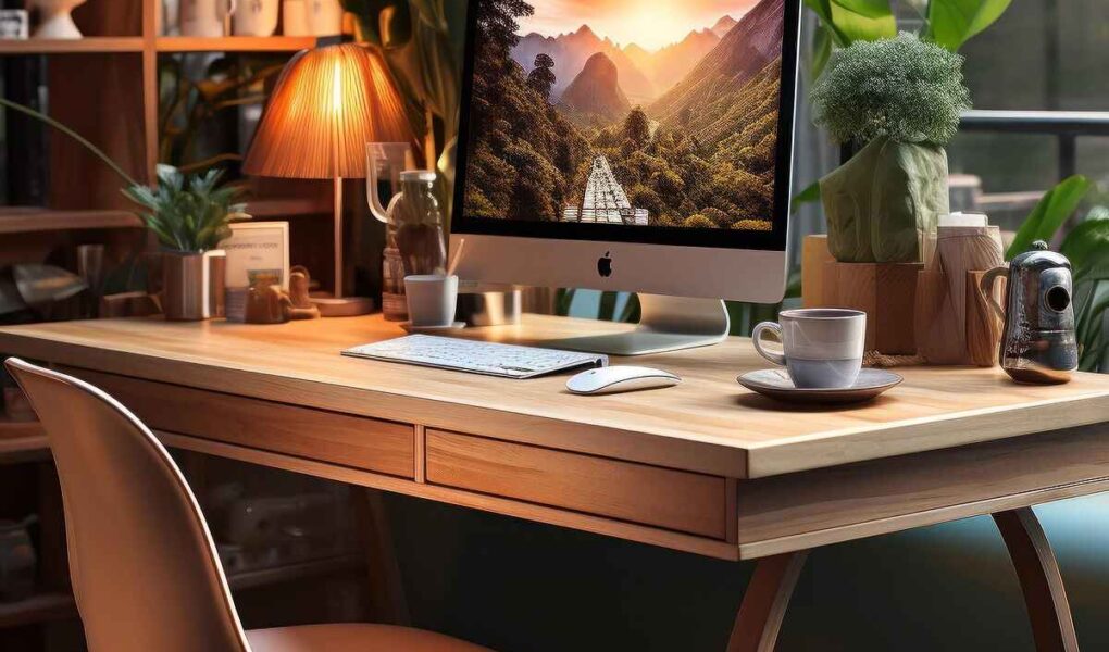 A cozy workspace with a wooden desk, featuring a computer displaying a scenic mountain landscape. Warm lighting, plants, and a cup of coffee add a peaceful vibe.