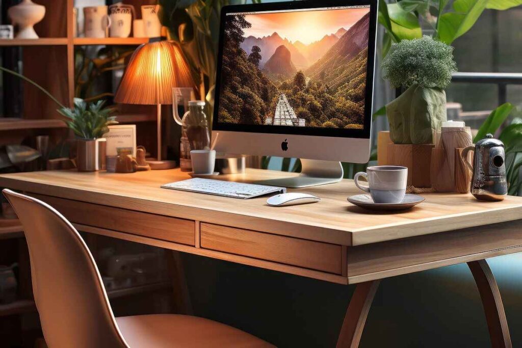 A cozy workspace with a wooden desk, featuring a computer displaying a scenic mountain landscape. Warm lighting, plants, and a cup of coffee add a peaceful vibe.