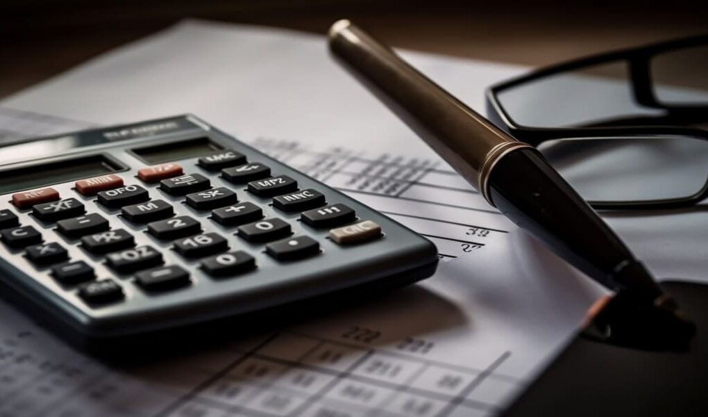 A calculator, pen, and glasses rest on financial documents under soft lighting, on a table. The atmosphere is focused.